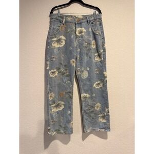 California Cowboy Retro Floral Print High Waisted Straight Leg Jeans Denim Sz L